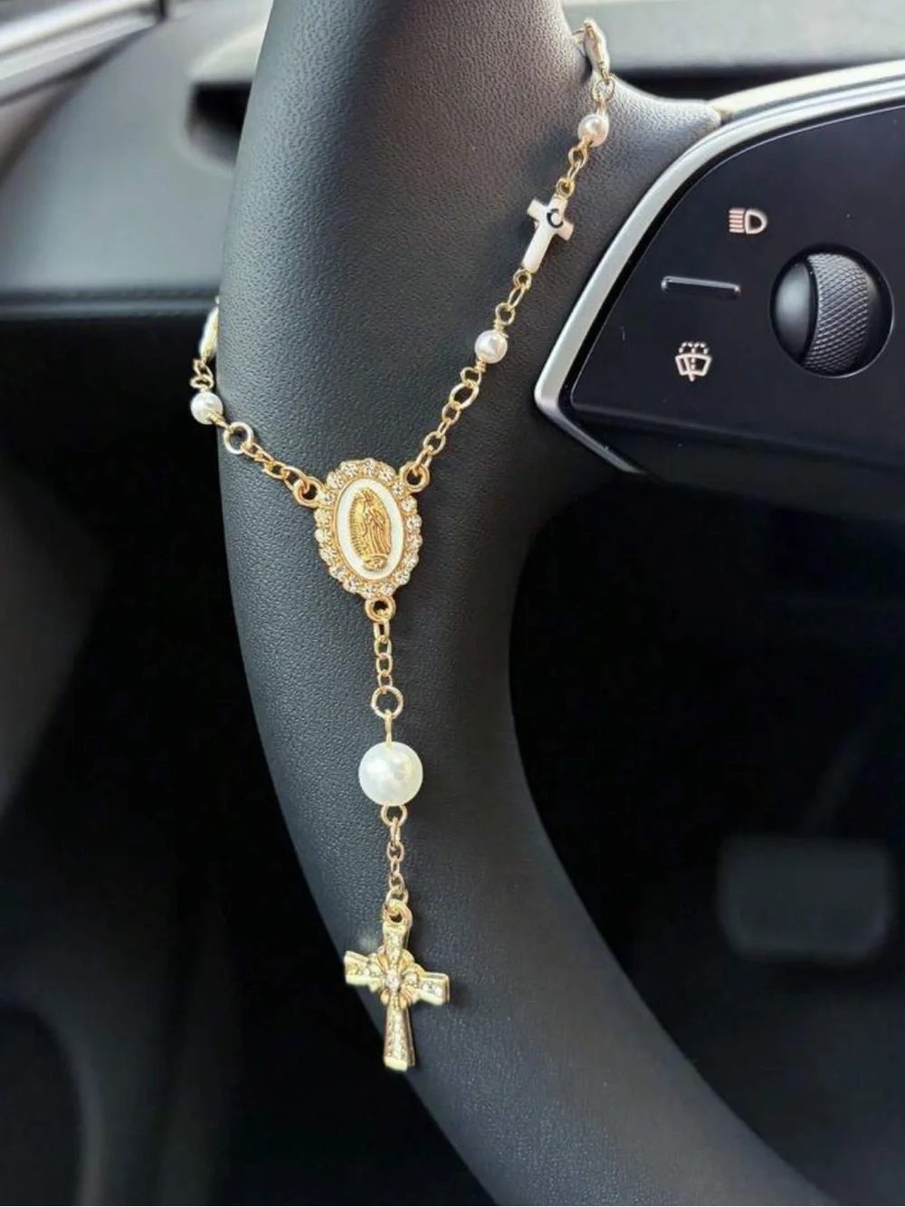 1pc Pink Pearl Cross Steering Wheel Rosary Ornament, Rosary Car Pendant Accessor